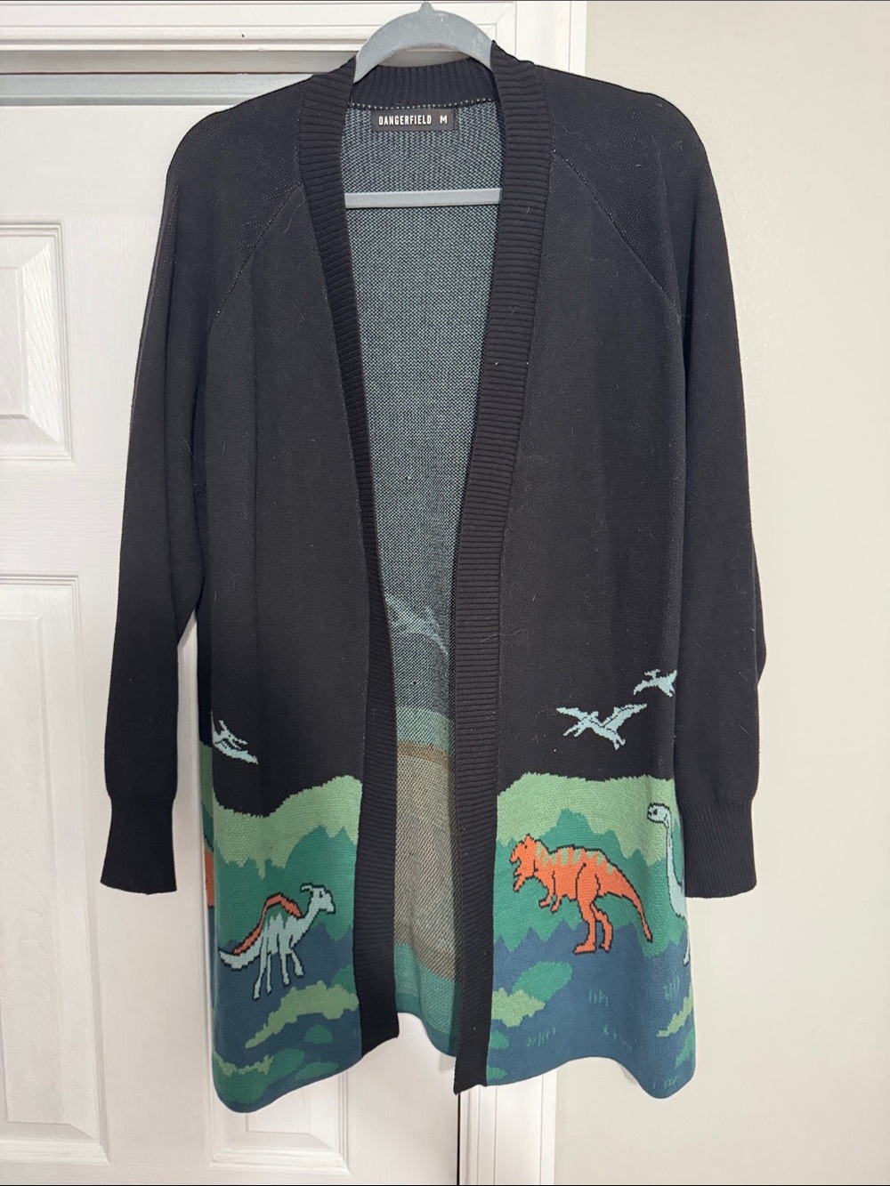 Dangerfield Black Cardigan with Colorful Dinosaur Motif